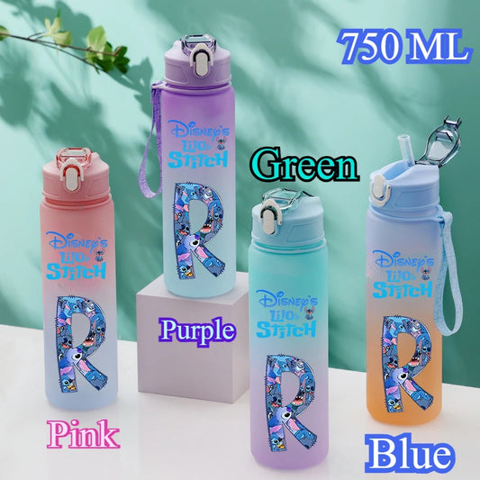 750ML Disney Stitch Letter A-Z Printed Water Bottle Large Capacity Drinking Portable Anime Outdoor Sport Water Cup Bottle Gift