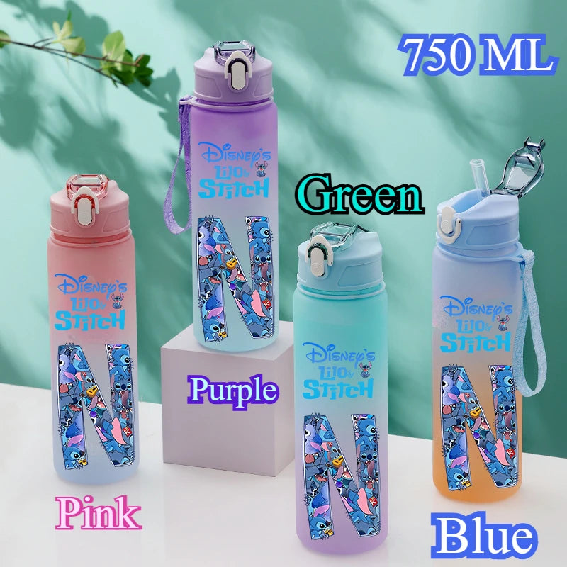 750ML Disney Stitch Letter A-Z Printed Water Bottle Large Capacity Drinking Portable Anime Outdoor Sport Water Cup Bottle Gift